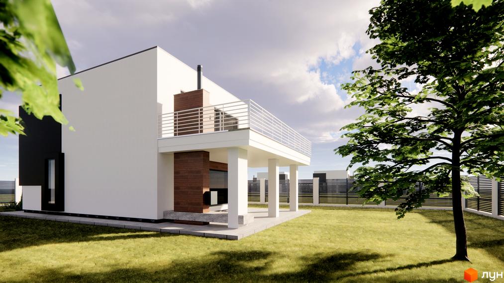 Котеджне містечко КМ Wood Side Village: двоповерховий будинок з білою та чорною обшивкою, дерев'яними елементами, балконом, терасою та доглянутим газоном.