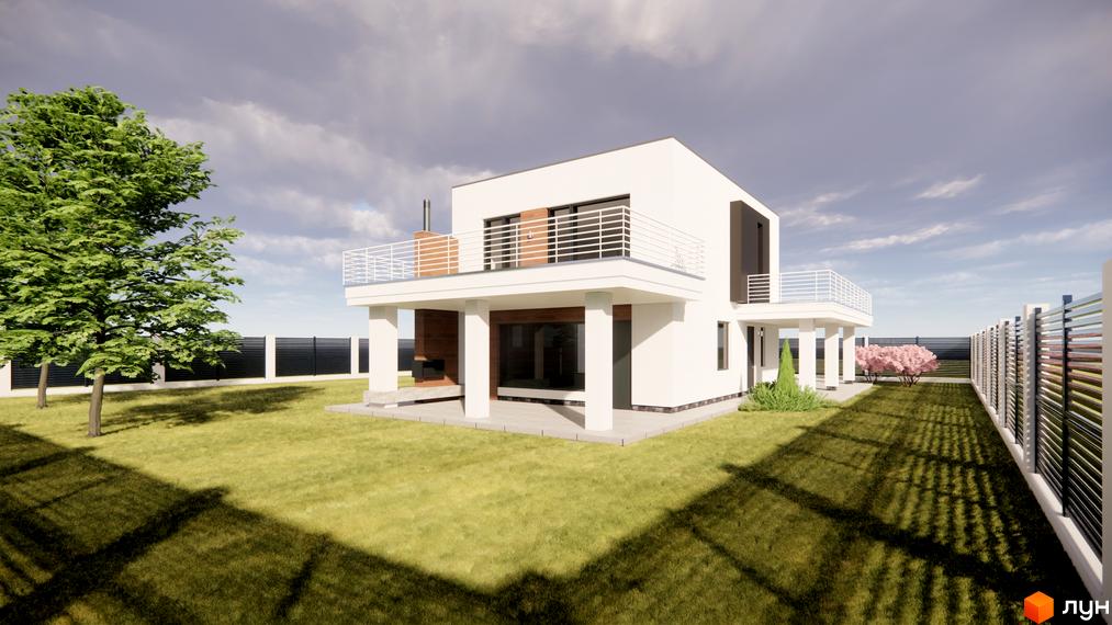 Котеджне містечко КМ Wood Side Village: двоповерховий білий будинок з балконами та терасою, зелений газон, дерева та паркан.