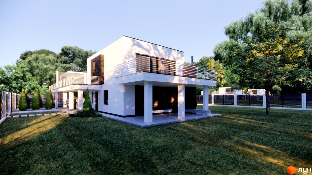 Котеджне містечко Wood Side Village: двоповерховий будинок з балконом та терасою, доглянутий газон та зелені насадження.