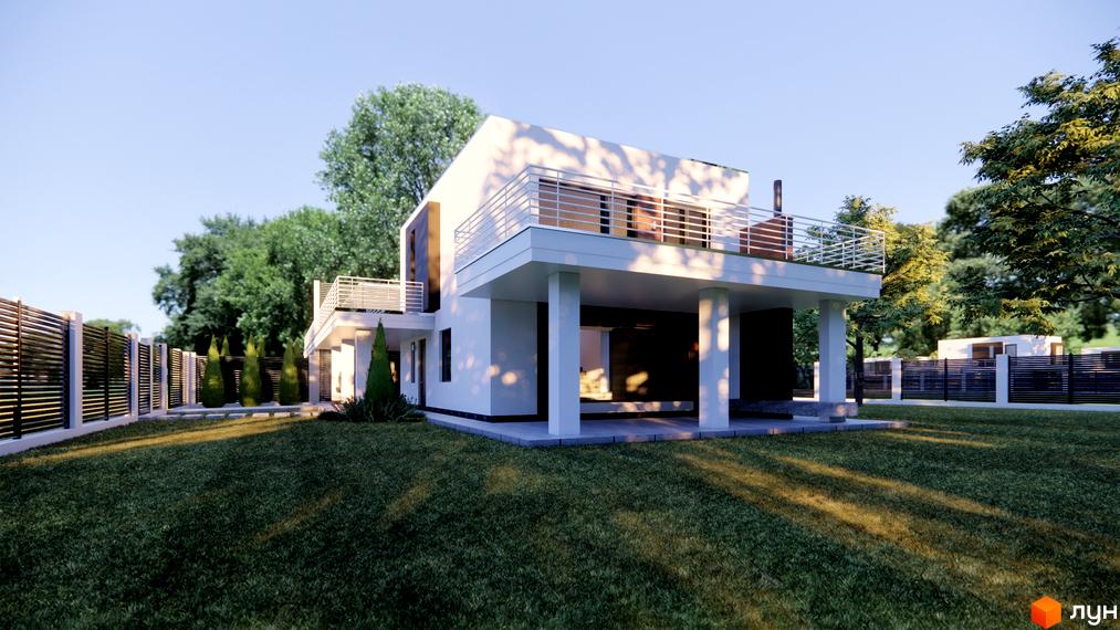 Котеджне містечко КМ Wood Side Village. Зовнішній вигляд двоповерхового будинку з балконом та прибудинковою територією з газоном та огорожею.