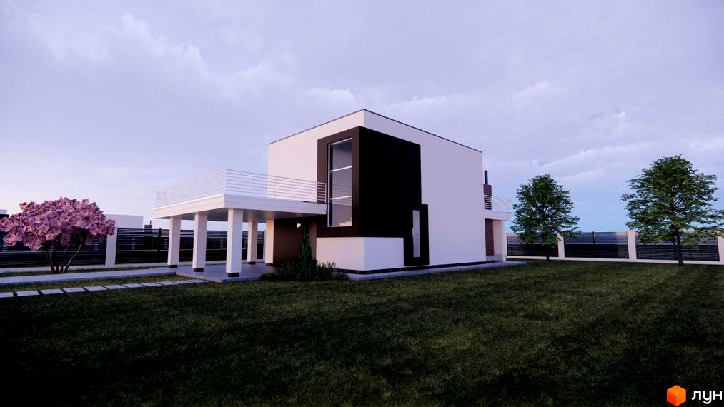 Котеджне містечко Wood Side Village: двоповерховий будинок з білою та чорною обробкою фасаду, терасою та зеленим газоном. На території ростуть дерева та кущі.