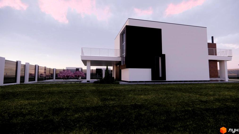 Котеджне містечко Wood Side Village: двоповерховий будинок з білою фасадною частиною, чорним блоком та дерев'яними елементами, огороджена територія з газоном та деревами.