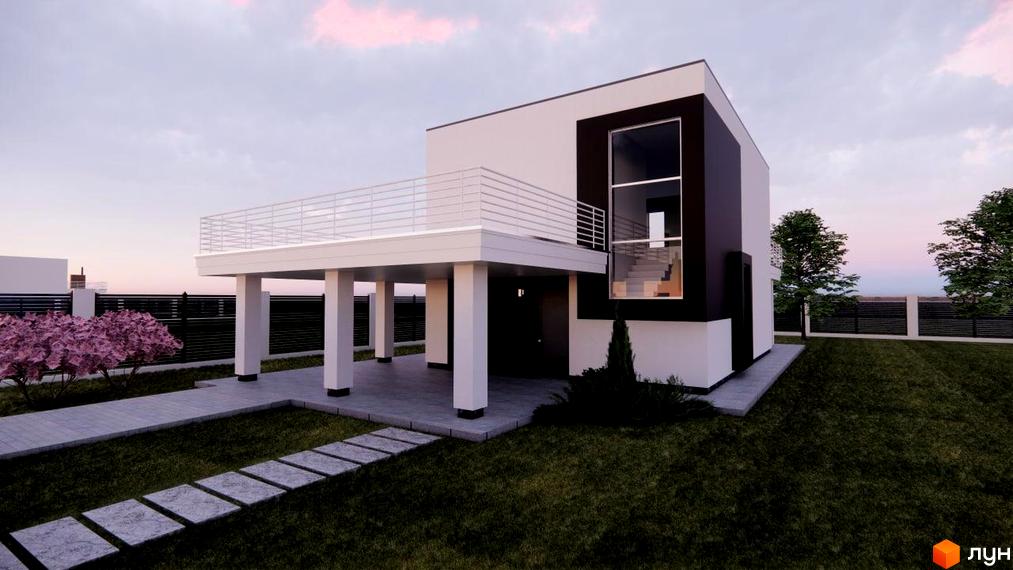 Котеджне містечко Wood Side Village: двоповерховий будинок з балконом та великим вікном, доріжка з плитки та зелений газон. Фото новобудови.