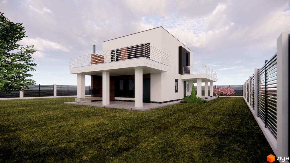 Котеджне містечко КМ Wood Side Village. Зовнішній вигляд будинку з балконом та колонами, огороджена територія з газоном та деревами.