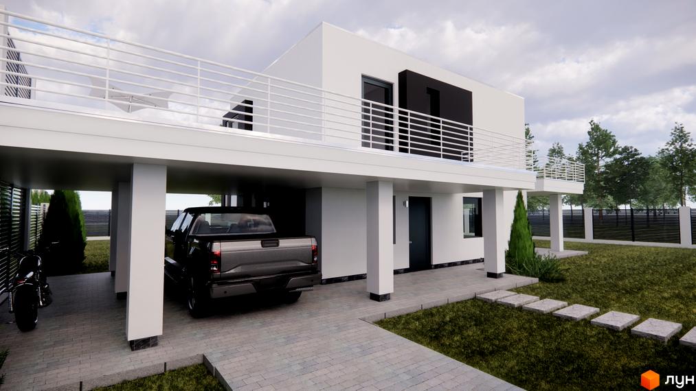 Котеджне містечко КМ Wood Side Village: двоповерховий будинок з білою огорожею та терасою, паркування з пікапом та мотоциклом, зелена галявина з доріжкою з плитки.