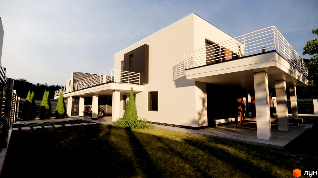 Котеджне містечко КМ Wood Side Village. Зовнішній вигляд будинку з балконами та навісом для авто, прибудинкова територія з газоном та деревами.