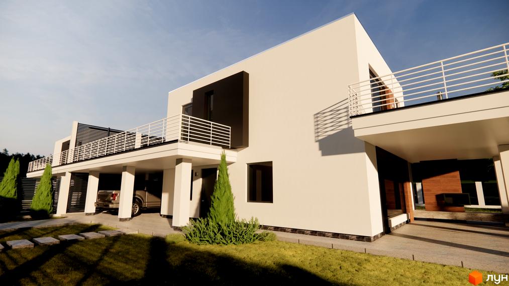 Котеджне містечко Wood Side Village: двоповерховий будинок з білою фасадною обробкою, балконами та прибудинковою територією з газоном і деревами. Поруч розташований навіс для автомобіля.