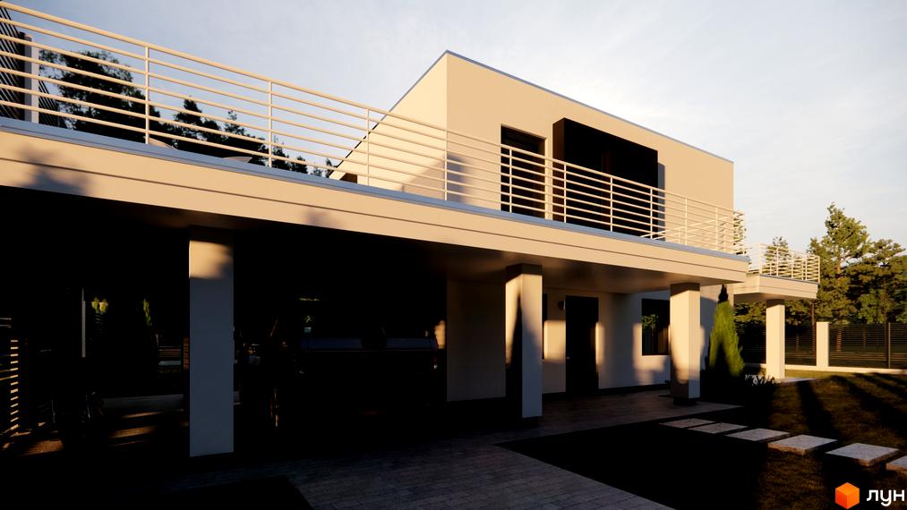 Котеджне містечко Wood Side Village: двоповерховий будинок з балконом та навісом для авто, на тлі дерев та огородженої території.