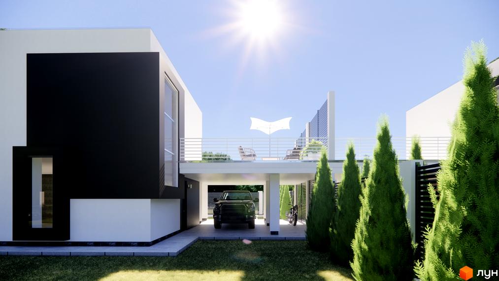 Котеджне містечко Wood Side Village з біло-чорним фасадом та терасою, на прибудинковій території автомобіль та зелені насадження.