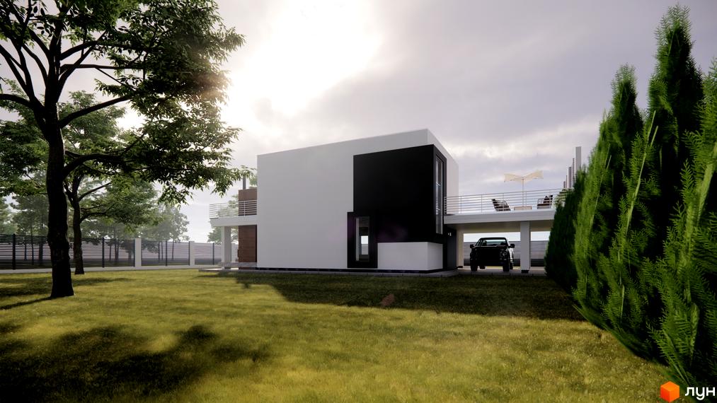 Котеджне містечко Wood Side Village: двоповерховий будинок з біло-чорним фасадом та навісом для авто, зелений газон та дерева навколо.