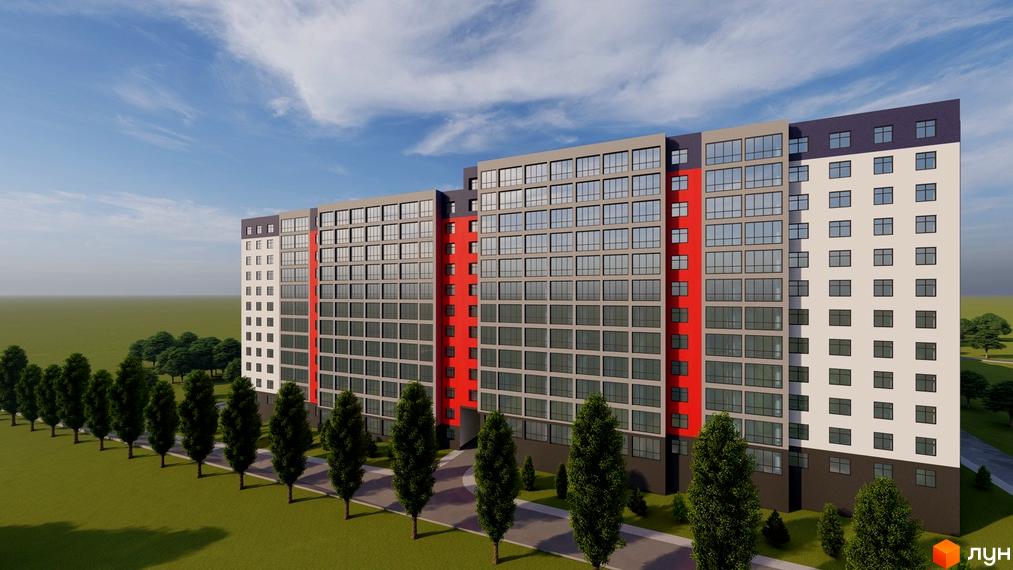 Житловий комплекс Північна Мрія - це багатоповерхова новобудова з сірими та білими фасадами, червоними вертикальними акцентами та великою кількістю скління. Територія навколо будинку озеленена деревами та газоном.