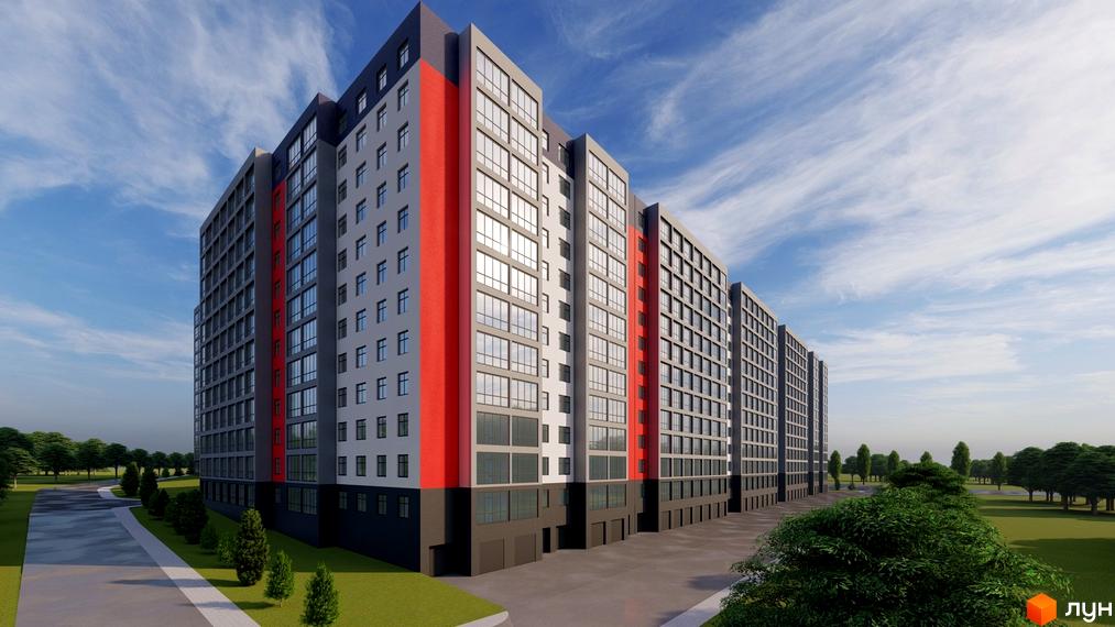 Зовнішній вигляд житлового комплексу Північна Мрія з сірими фасадами та червоними акцентами, що розташований на тлі блакитного неба з хмарами. Навколо комплексу зелені насадження та доглянута прибудинкова територія.