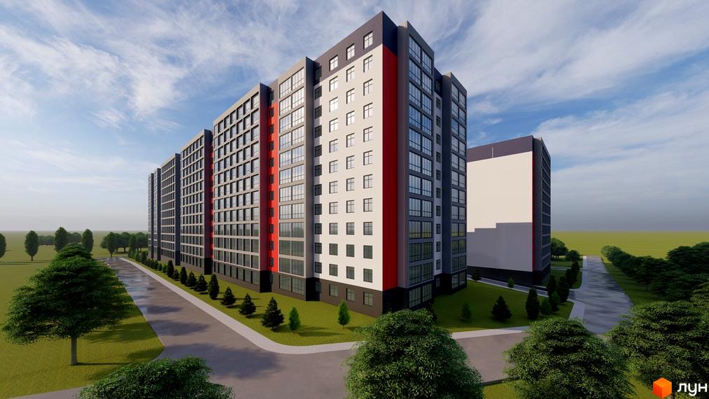 Зовнішній вигляд новобудови ЖК Північна Мрія з великою кількістю вікон та червоними вертикальними елементами. Навколо будівлі зелена прибудинкова територія з деревами та доріжками.