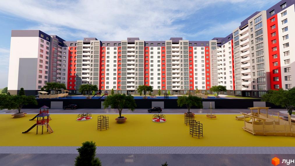 Житловий комплекс Північна Мрія з фасадами білого, сірого та червоного кольорів. На прибудинковій території розташовані дитячі майданчики та зелені насадження.