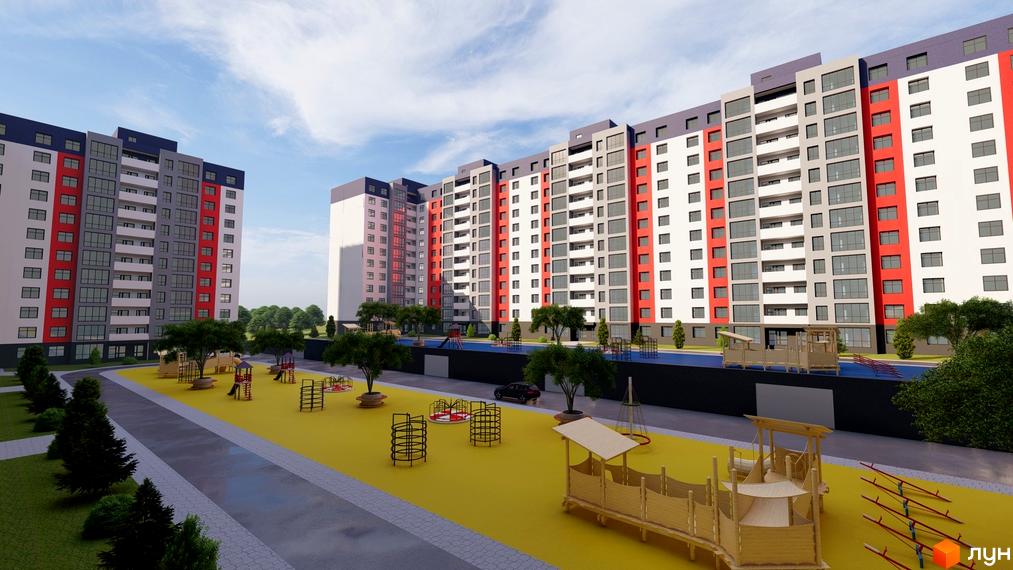 Житловий комплекс Північна Мрія з фасадами білого, сірого та червоного кольорів. На прибудинковій території розташований дитячий майданчик з ігровими елементами.