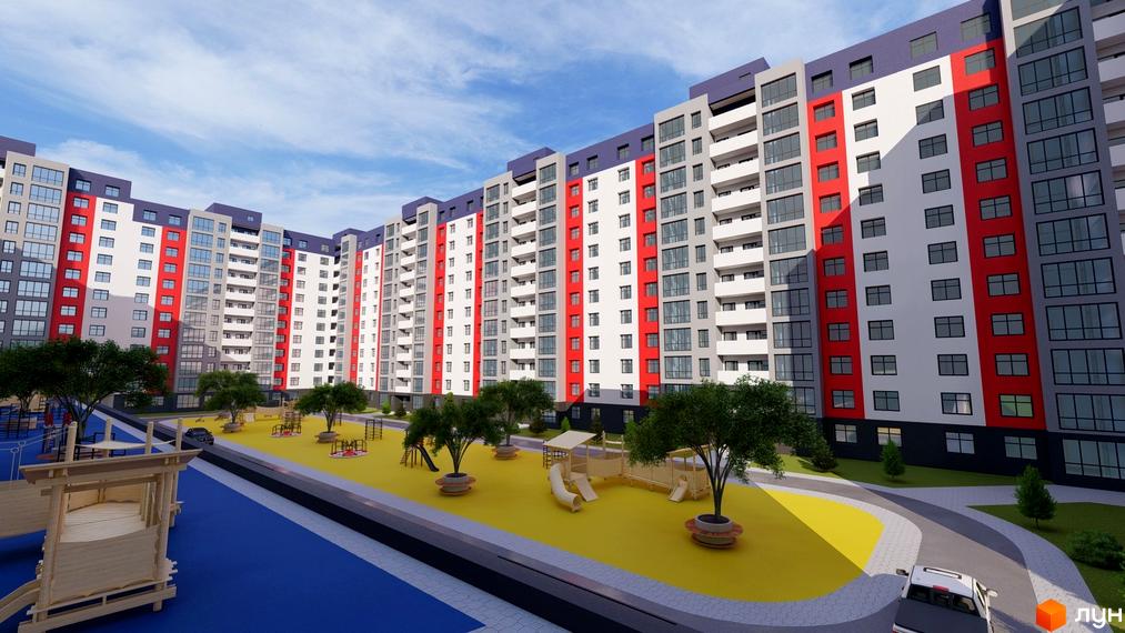 Житловий комплекс Північна Мрія: багатоповерхові будинки з червоними, сірими та білими фасадами, балконами та великими вікнами. Поруч дитячий майданчик з гірками та пісочницями, зелені насадження та доріжки.