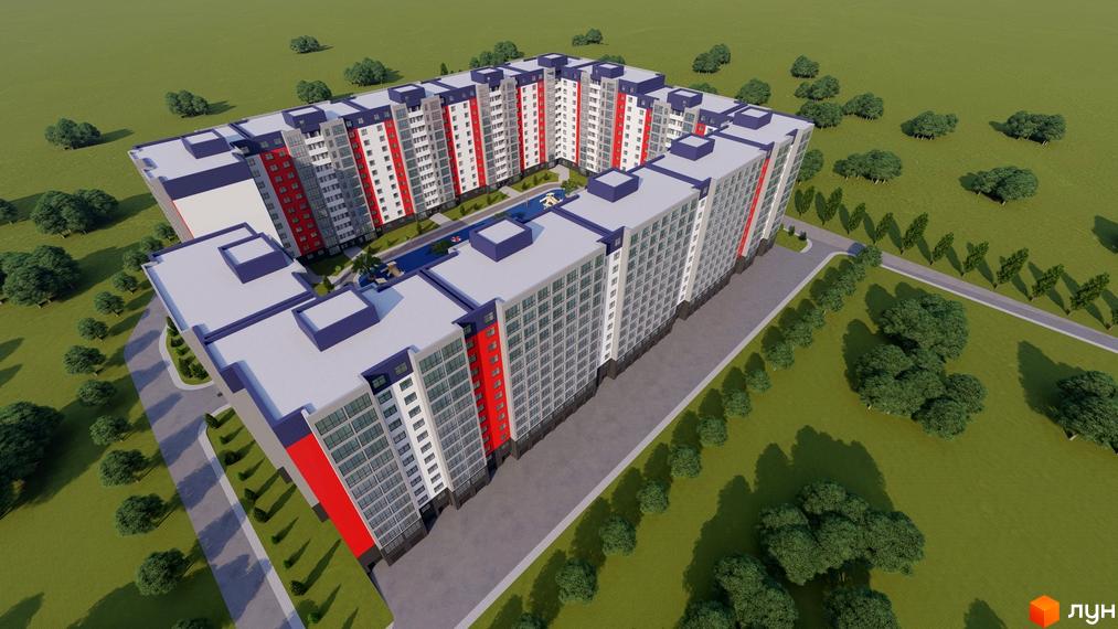 Зовнішній вигляд житлового комплексу Північна Мрія з червоними та білими фасадами, сірими вікнами та синіми декоративними елементами. Навколо комплексу зелена територія з деревами та доріжками.