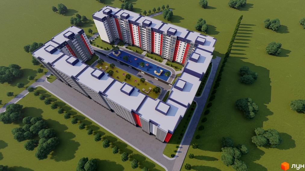 Житловий комплекс Північна Мрія - це багатоповерхові будинки з червоними та сірими фасадами, що оточують внутрішній двір з дитячим майданчиком та зонами відпочинку.