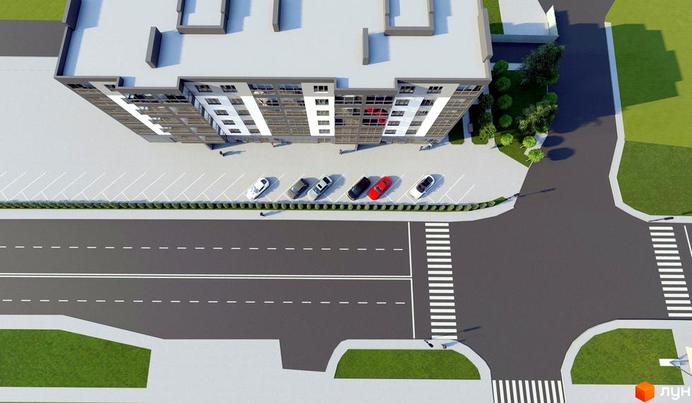 Житловий комплекс Водограй з фасадом з панорамних вікон та парковкою. Навколо будинку розташована прибудинкова територія з зеленими насадженнями та дорогою.