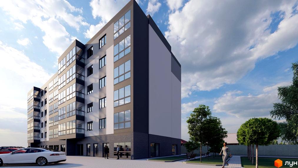 Зовнішній вигляд житлового комплексу Водограй з сірими та білими фасадами, великими вікнами та прибудинковою територією з деревами та лавками.