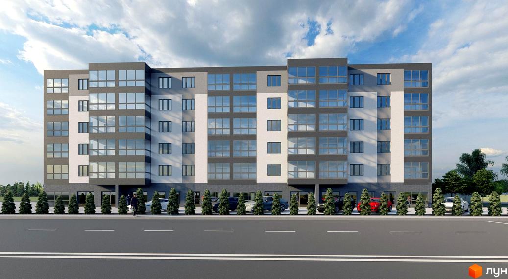 Зовнішній вигляд новобудови ЖК Водограй з численними вікнами та сірими фасадами, з прибудинковою територією з деревами та автомобілями.