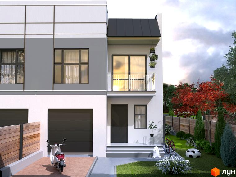 Зовнішній вигляд КМ Crystal: сучасний будинок з гаражем та балконом, зелена прибудинкова територія з деревами та парканом.