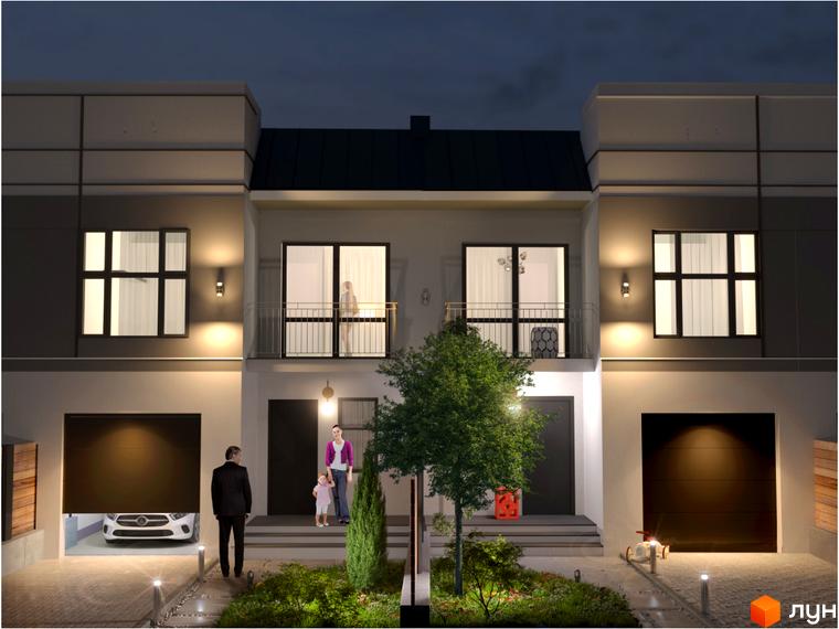 Котеджний комплекс КМ Crystal з сучасними фасадами та гаражами, освітленою прибудинковою територією з деревами та доріжками.