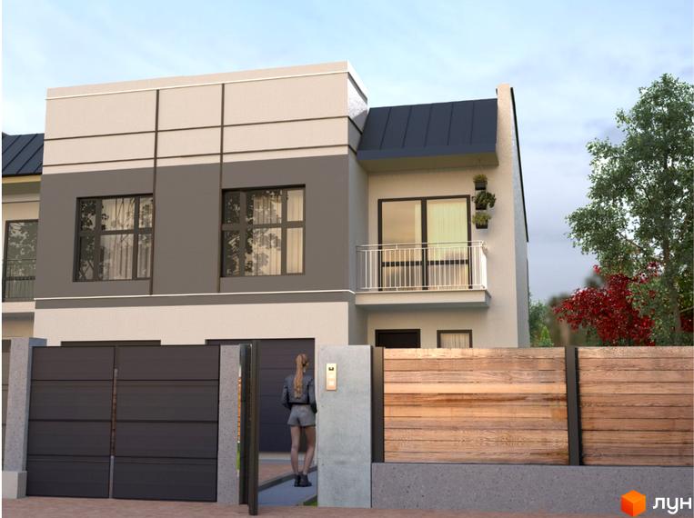 Котеджне містечко КМ Crystal: фасад будинку сіро-бежевий, є балкон та ворота, поруч дерев'яна огорожа.