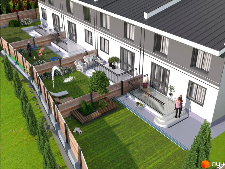 Зовнішній вигляд новобудови КМ Crystal з прибудинковою територією, що включає зелену зону відпочинку з дитячим майданчиком та зоною барбекю.