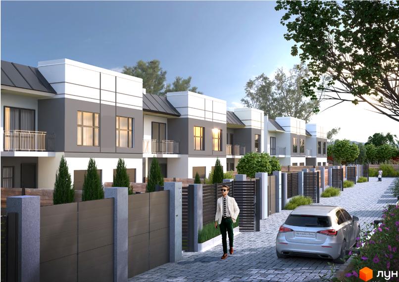 Котеджне містечко КМ Crystal: двоповерхові будинки з сірими та білими фасадами, балконами, огородженою територією та доглянутим подвір'ям. На території є автомобіль та пішохідна доріжка.