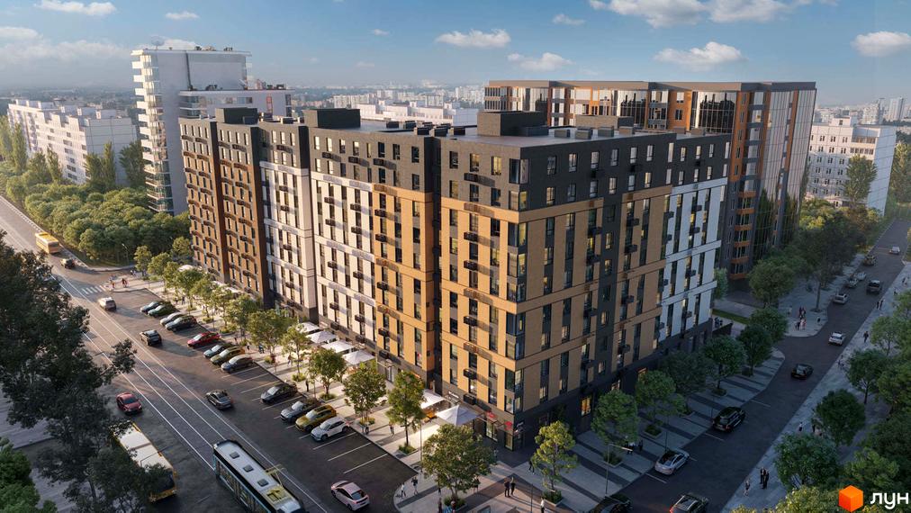 Житловий комплекс Osnova з фасадами з керамограніту та панорамними вікнами, з прибудинковою територією та парковкою.