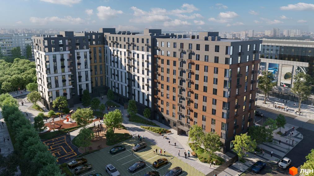 Житловий комплекс Osnova - це сучасна новобудова з різнокольоровими фасадами та великою прибудинковою територією з дитячими майданчиками та паркінгом.