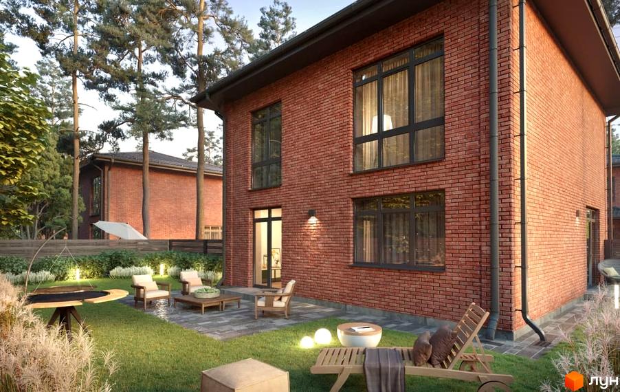 Котеджне містечко КМ Дубовий Гай: двоповерховий будинок з червоної цегли з великими вікнами та затишною прибудинковою територією з зонами відпочинку.