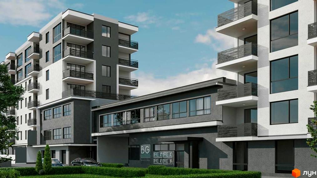 Зображення фасаду та прибудинкової території Житлового комплексу Bavaria Group. Багатоповерховий будинок з балконами та великими вікнами.