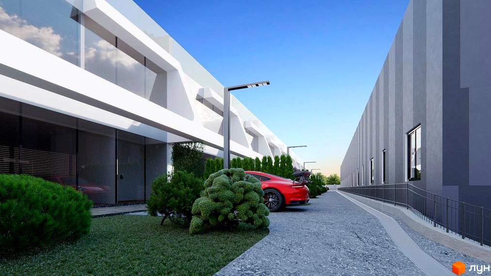 Таунхауси Montreux з білим фасадом та великими вікнами, поруч розташовані червоний спортивний автомобіль та зелені кущі.