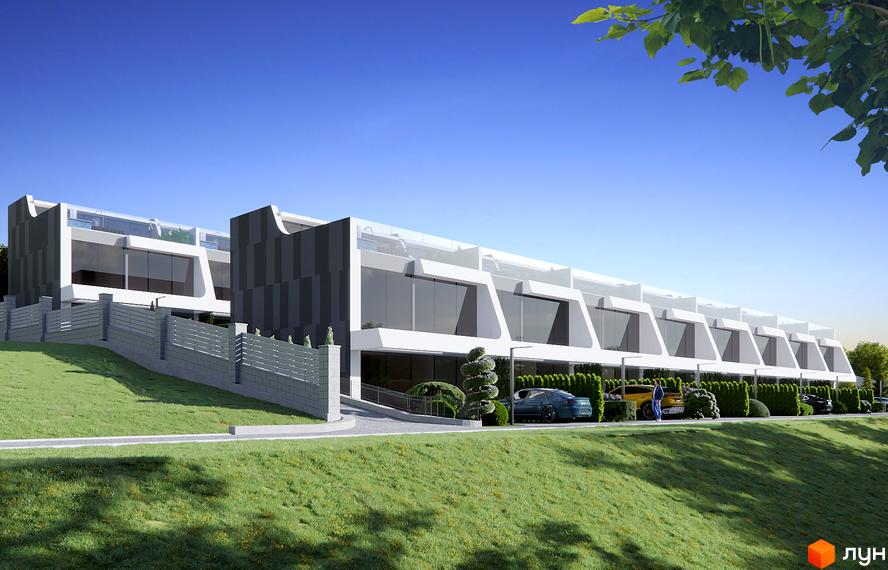 Таунхауси Montreux: фасади з панорамними вікнами та сірими акцентами, перед будинками зелені зони та паркування.