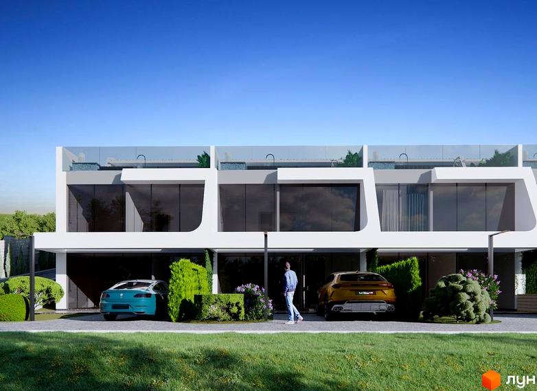 Таунхауси Montreux: фасади з великими вікнами та терасами на даху, перед якими розташовані автомобілі та зелені насадження.