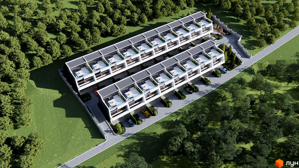 Таунхауси Montreux - двоповерхові будинки з терасами та парковками, розташовані серед зеленої зони з деревами. Комплекс оточений доглянутим ландшафтом.