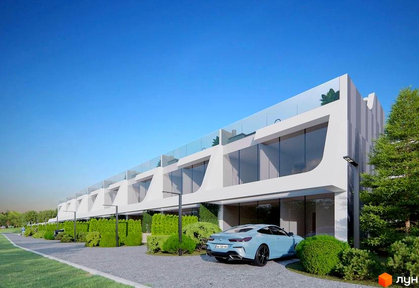 Таунхауси Montreux з панорамними вікнами та скляними балконами, розташовані на доглянутій прибудинковій території з зеленими насадженнями та дорогою.