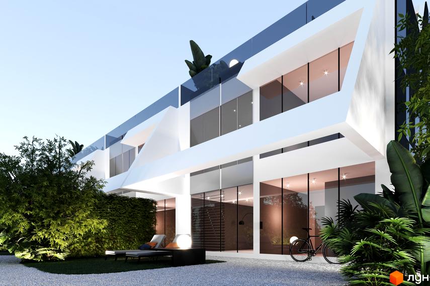 Таунхауси Montreux. Зовнішній вигляд будинку з великими вікнами та скляними балконами. Прибудинкова територія з зеленню та зоною відпочинку.