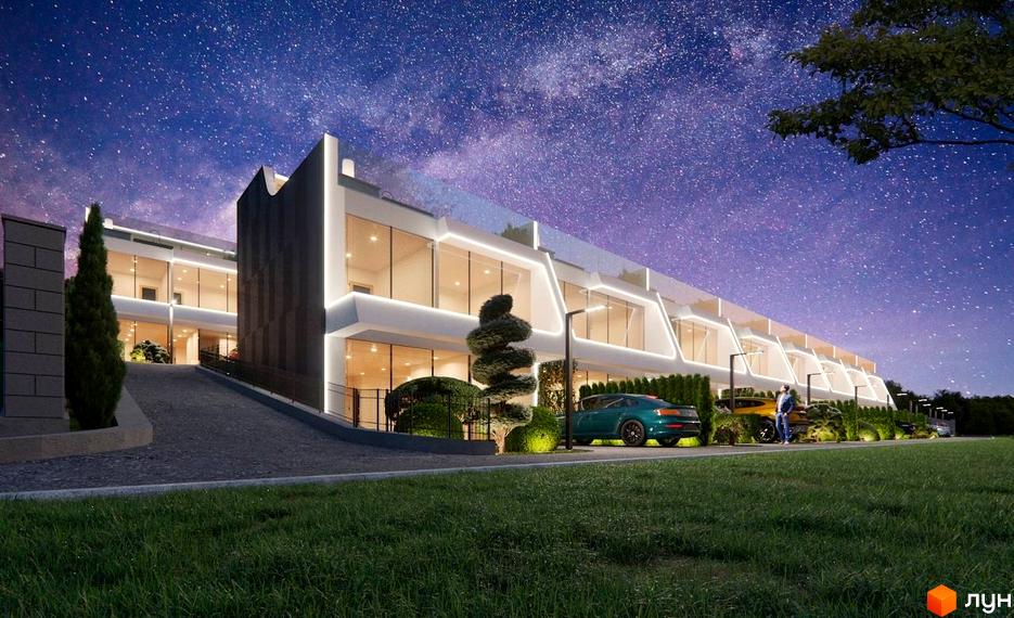 Таунхауси Montreux з панорамними вікнами та підсвіткою під зоряним небом. На прибудинковій території розташовані автомобілі та доглянуті зелені насадження.