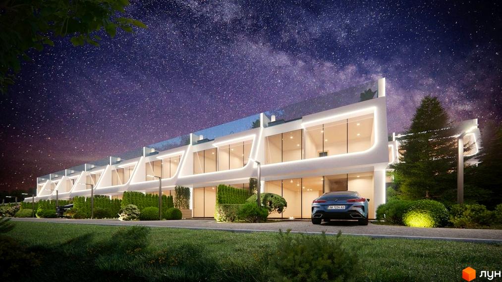 Таунхауси Montreux з панорамними вікнами та підсвіткою під зоряним небом. На прибудинковій території доглянутий газон та зелені насадження.