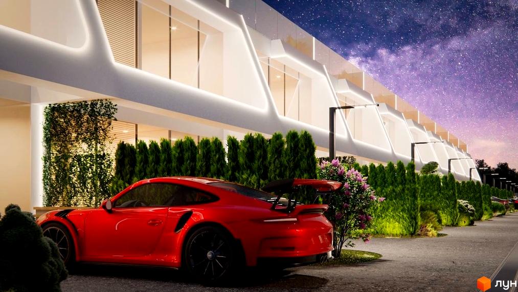 Таунхауси Montreux з червоним спорткаром на тлі сучасної архітектури та зоряного неба. Зелені насадження та квіти доповнюють екстер'єр.