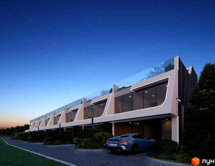 Таунхауси Montreux - це сучасна житлова забудова з великими вікнами та скляними балконами, розташована на доглянутій прибудинковій території з зеленими насадженнями та дорогою машиною.