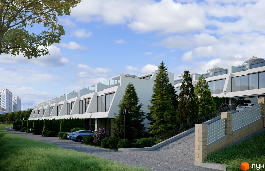 Таунхауси Montreux з білими фасадами та великими вікнами, огороджені зеленими туями. Поруч розташована доглянута прибудинкова територія з газоном та дорогою.