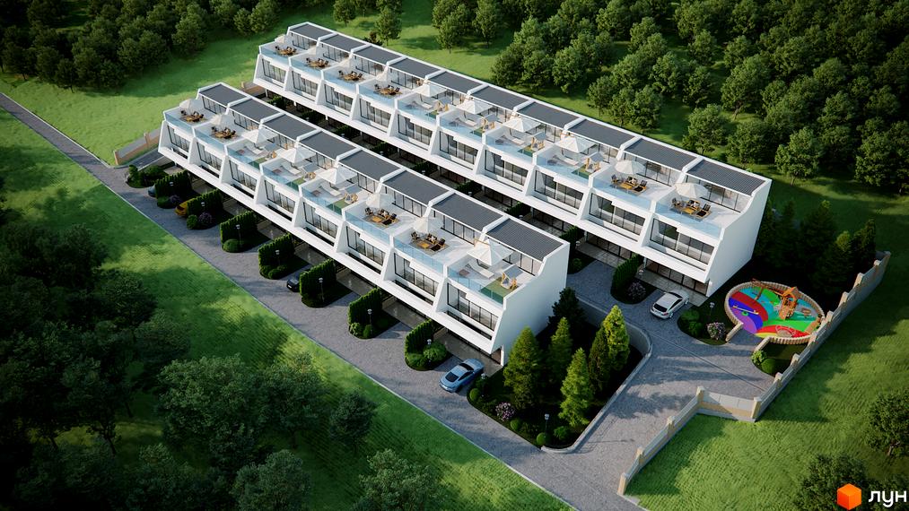 Таунхауси Montreux: сучасні фасади, тераси з меблями та дитячий майданчик на зеленій території. Огляд новобудови.