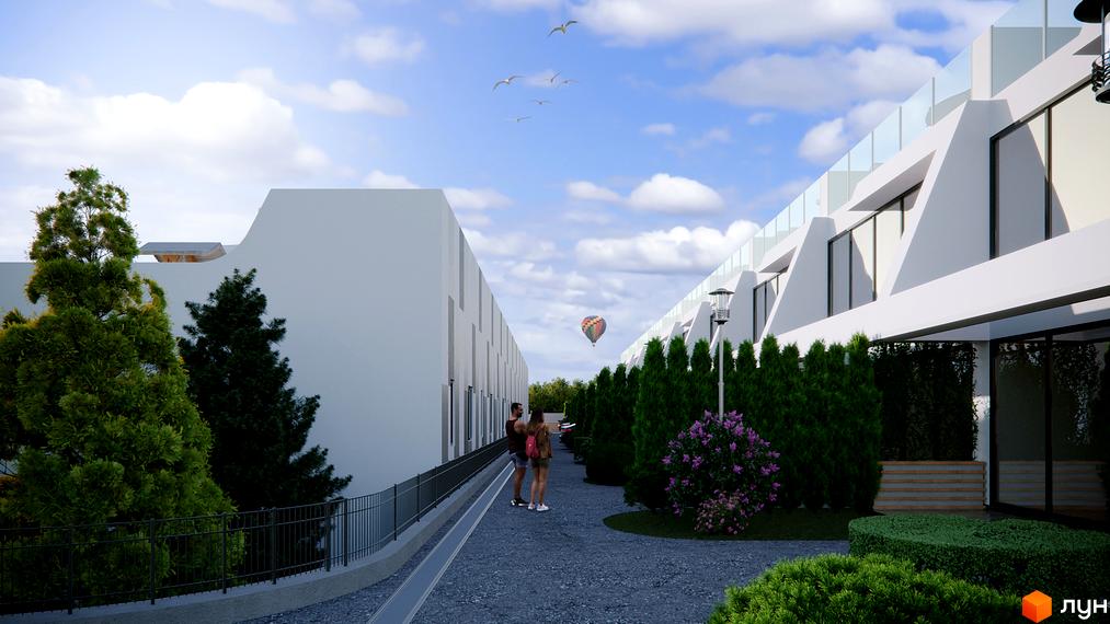 Таунхауси Montreux: архітектура з білими фасадами та скляними балконами, зелена прибудинкова територія з деревами та кущами.