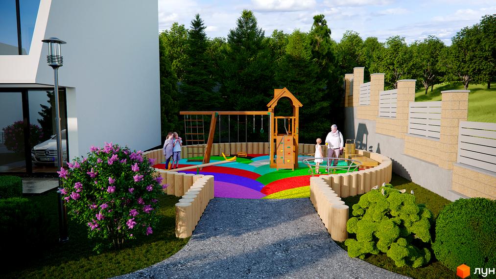 Таунхауси Montreux: дитячий майданчик з яскравим покриттям та зоною відпочинку біля сучасного будинку. Зелена територія та паркан з кам'яними стовпами.