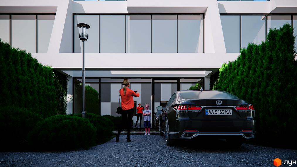 Таунхауси Montreux: фасад будинку з великими вікнами та прибудинкова територія з автомобілем та людьми.