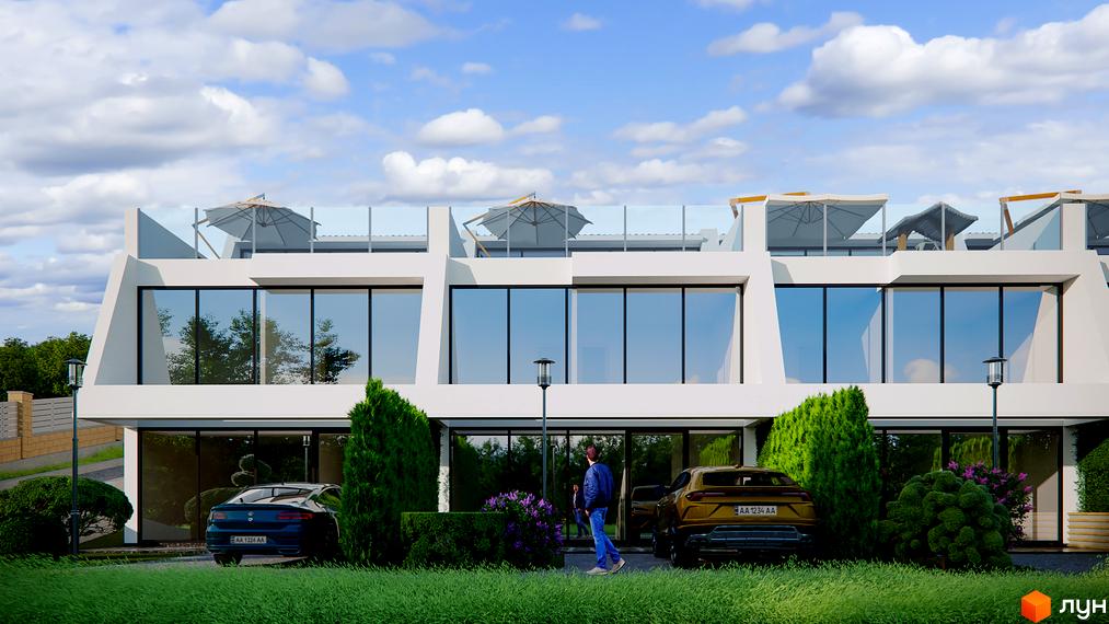 Таунхауси Montreux з великими панорамними вікнами та терасами на даху. Прибудинкова територія з доглянутим газоном, кущами та автомобілями.